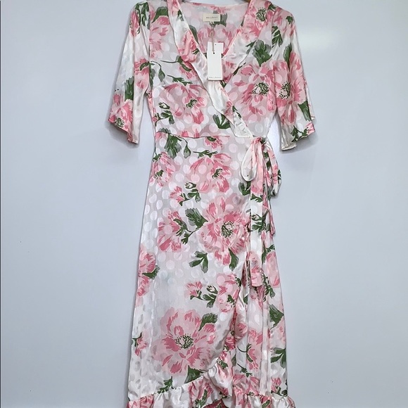 NWTs MELLODAY Floral Pink Wrap Ruffle Dot Dress - Picture 4 of 13